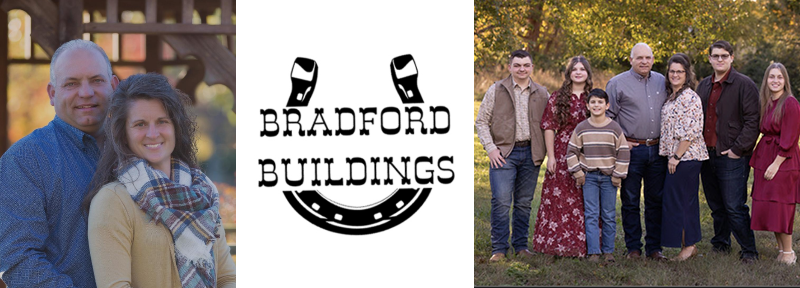 A middle-aged couple, the Bradford Buildings horseshoe logo, and a family of eight, including adults and children, standing together outdoors, all smiling at the camera.